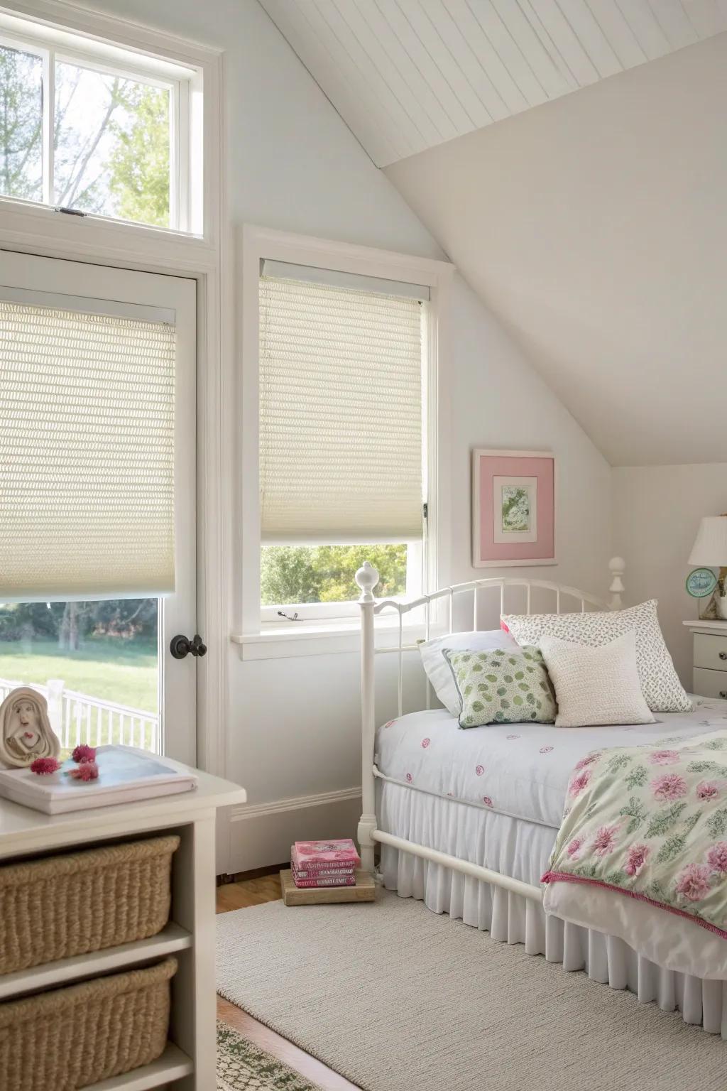 Honeycomb shades furnish illumination management and thermal efficiency.