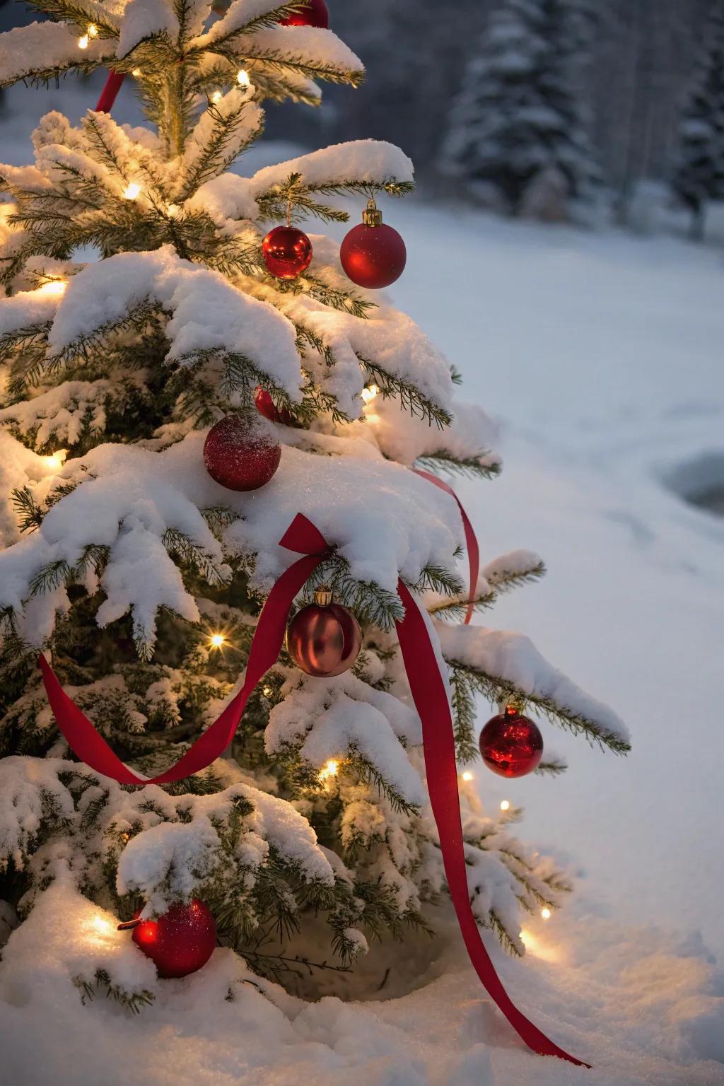Crimson touches bring a festive contrast to a snowy Christmas tree.