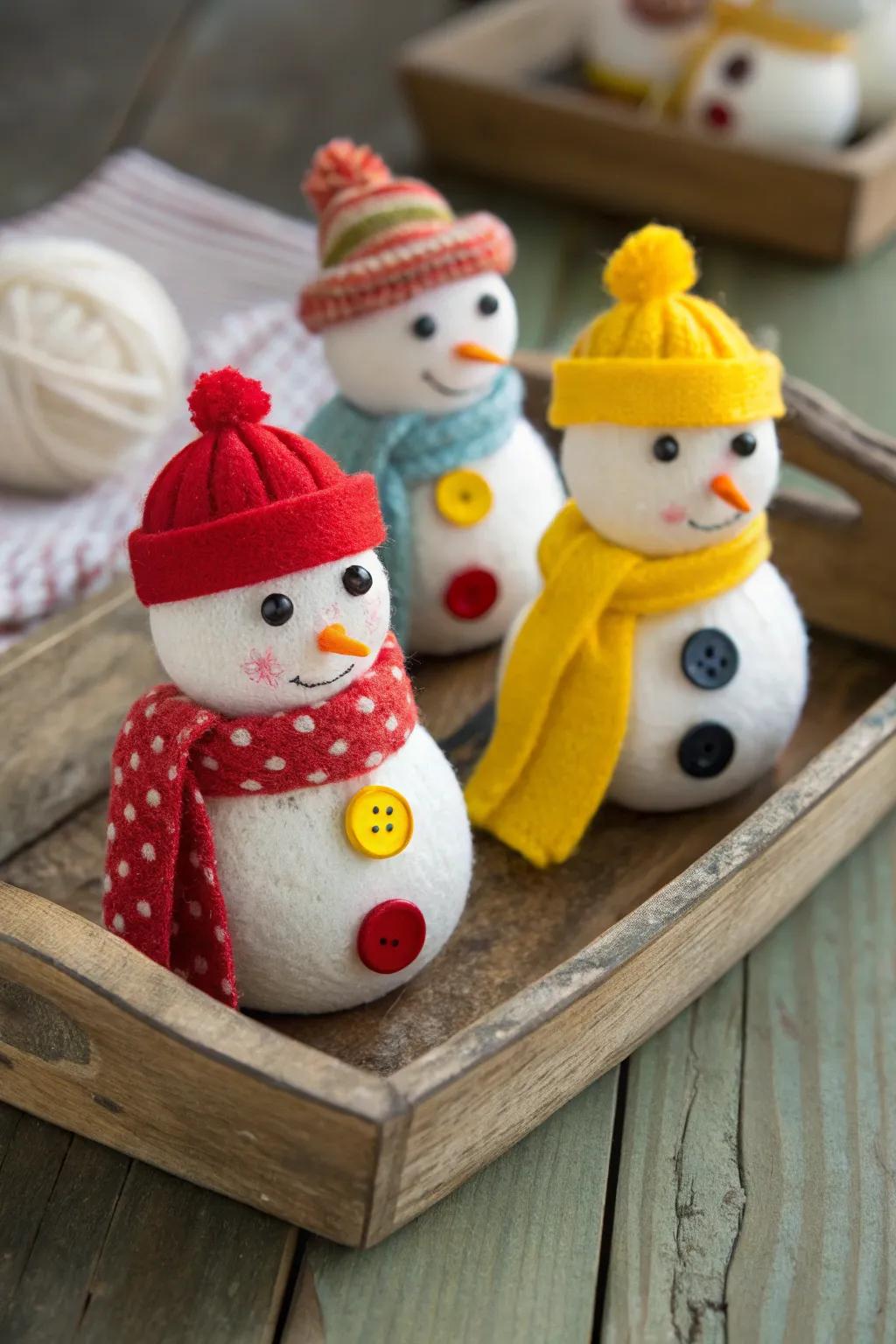 Button snowmen bring a vintage touch to winter decor.