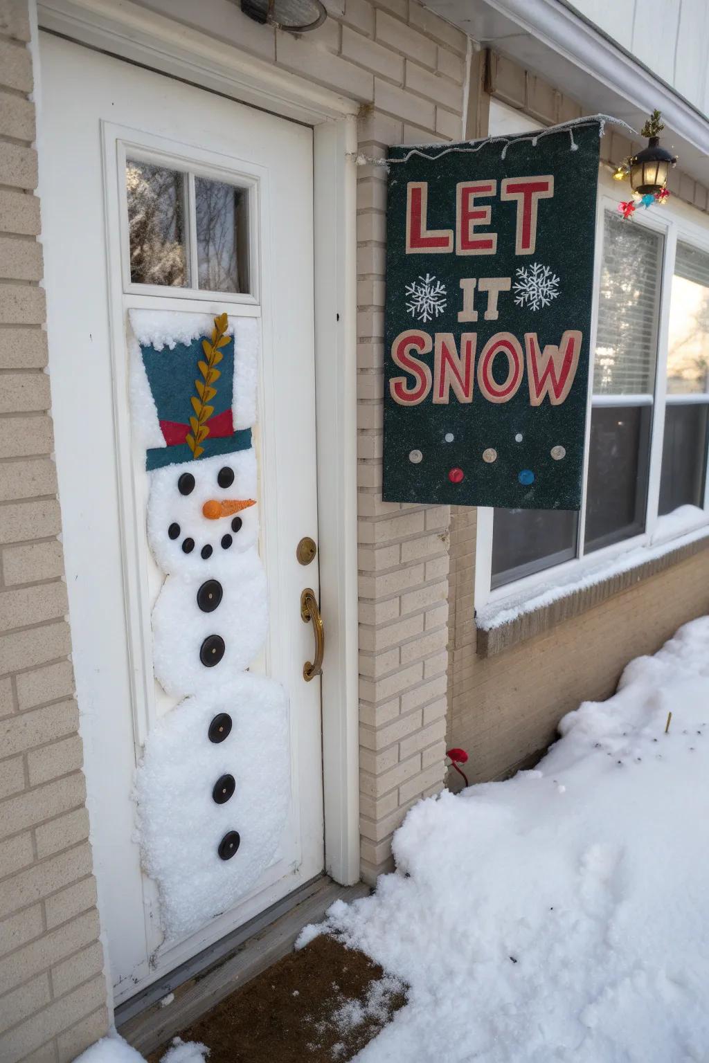 A greeting plaque introduces a personal detail to your snowman entryway.