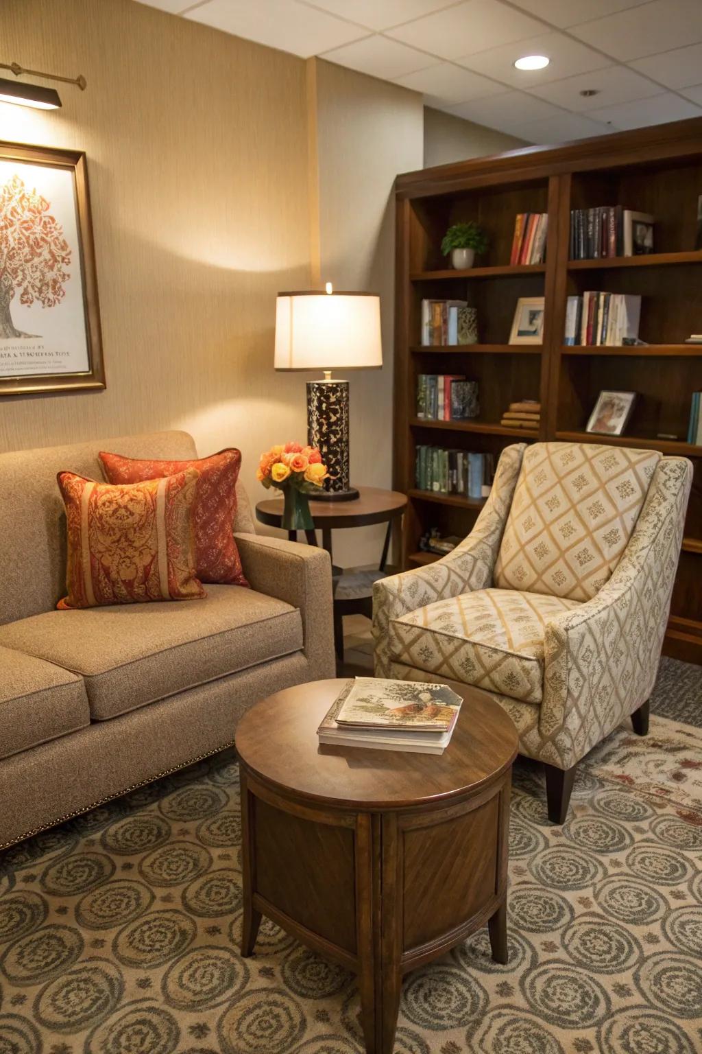 A conversation corner creates an intimate and engaging space.