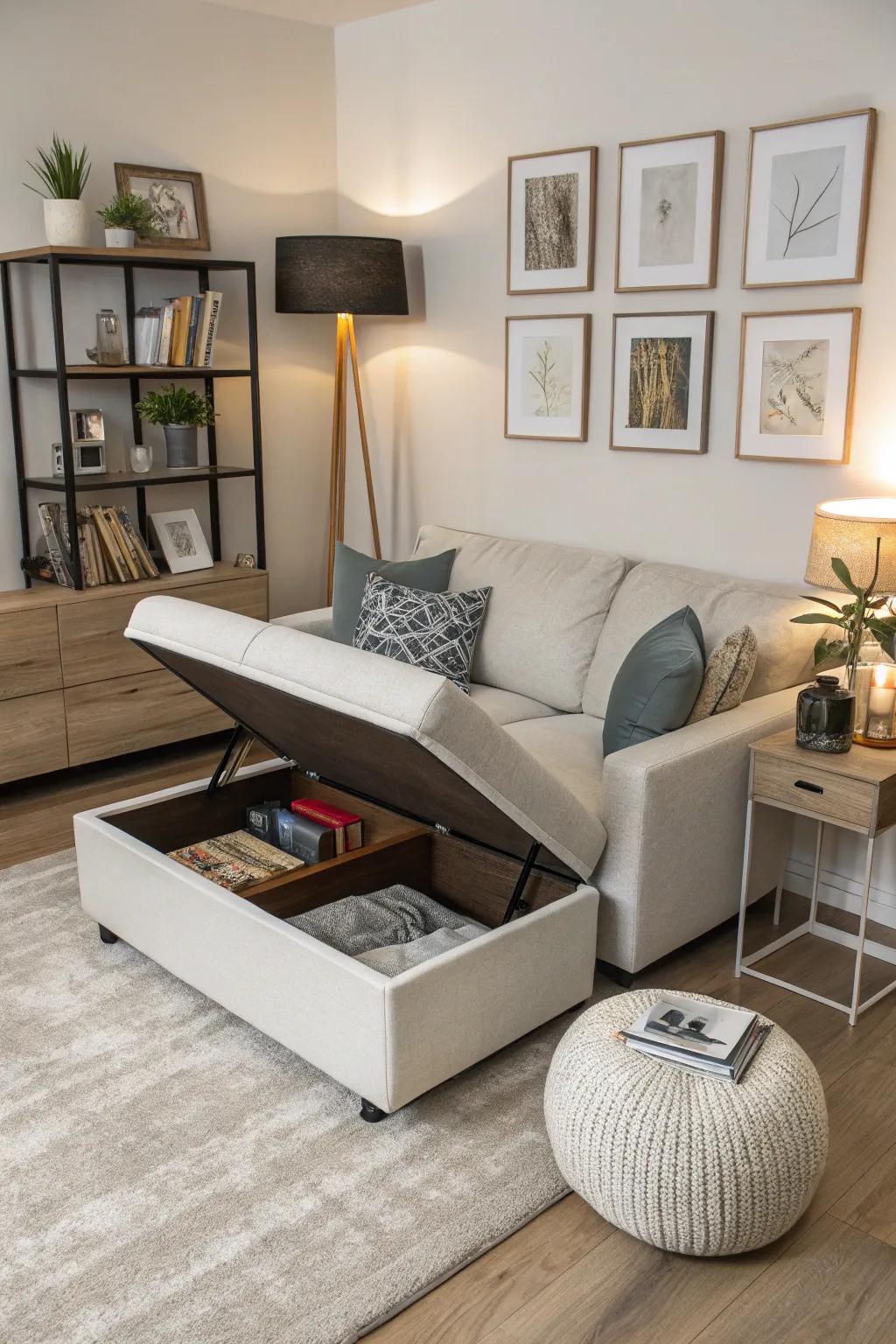 A storage sofa with hidden storage in a modern small living room.
