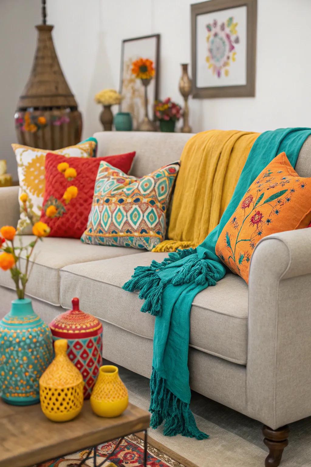 Neutral sofas are enlivened with vibrant accents and seasonal decor.