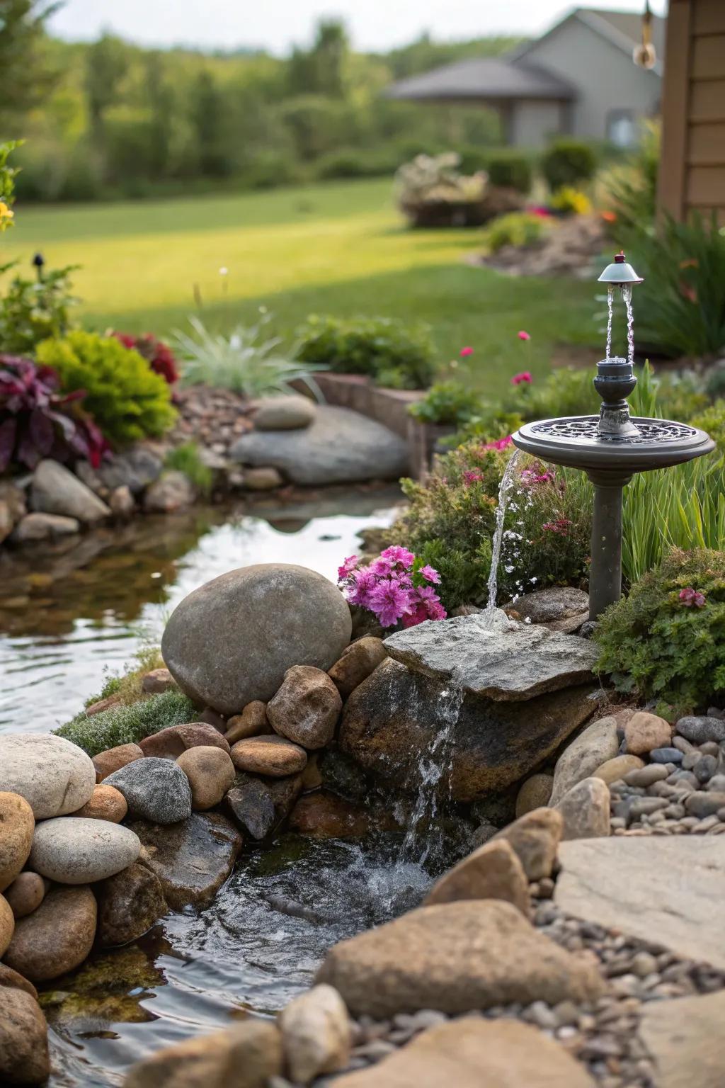 A natural rock garden enhanced by a solar-powered fountain.