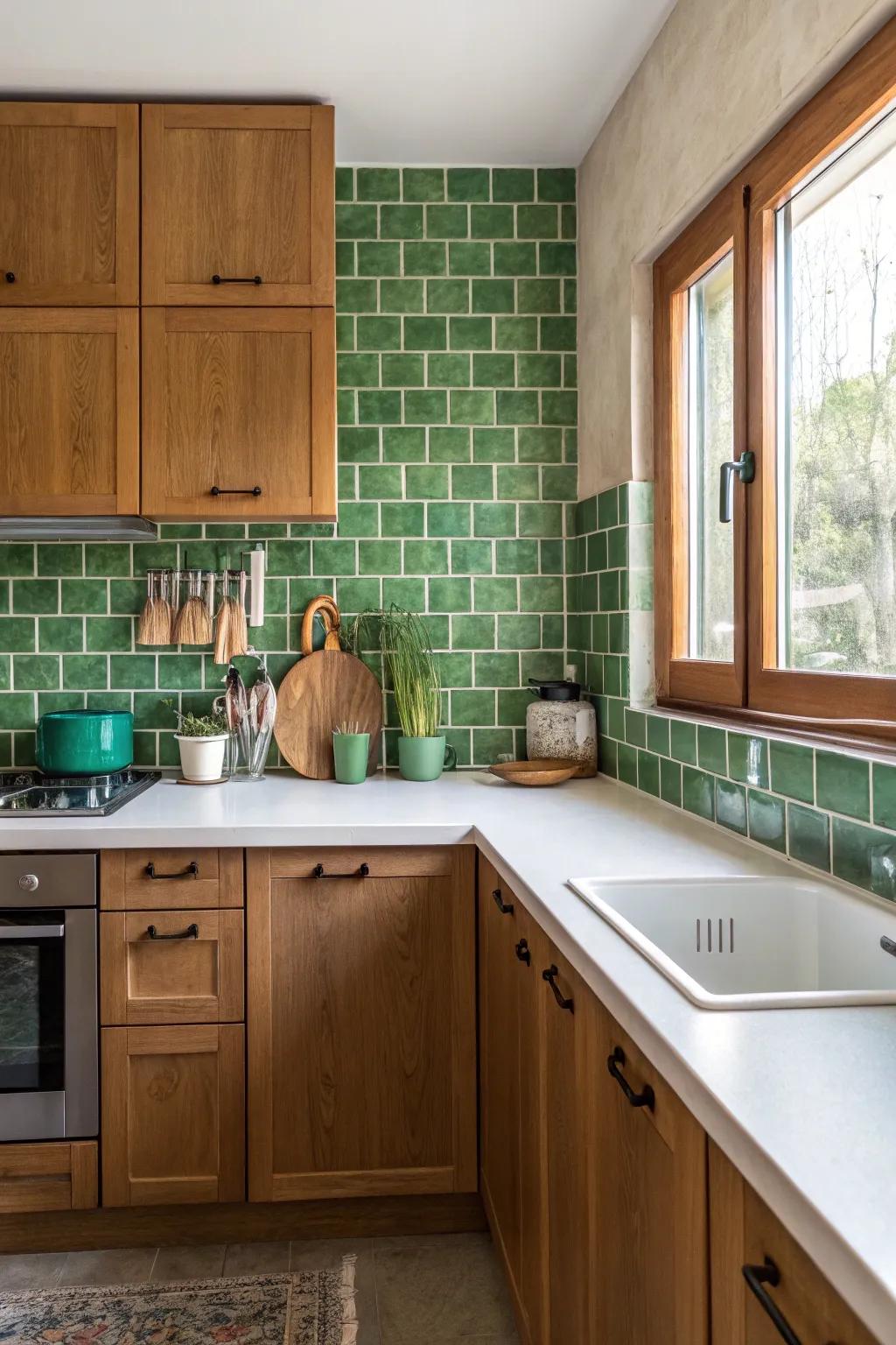 Cactus-inspired green tiles offer a refreshing burst of color in a Southwest kitchen.