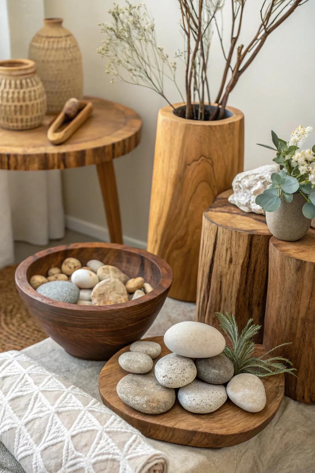 Bring nature into your spa with stones and wooden accents.