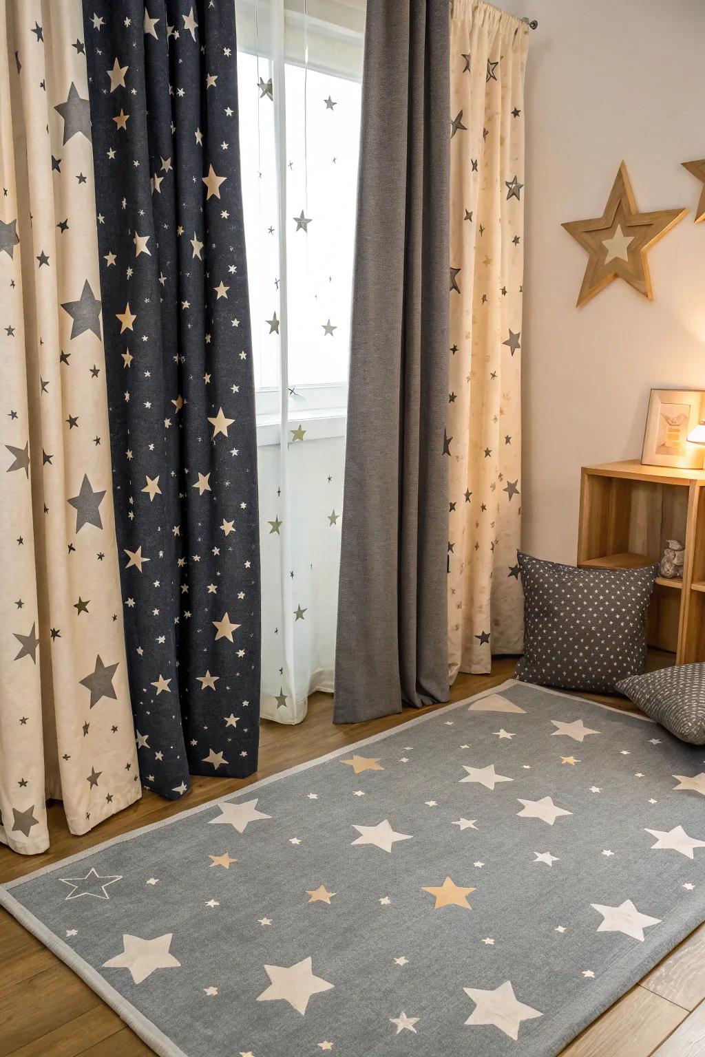 Themed textiles delicately accentuate the space theme.