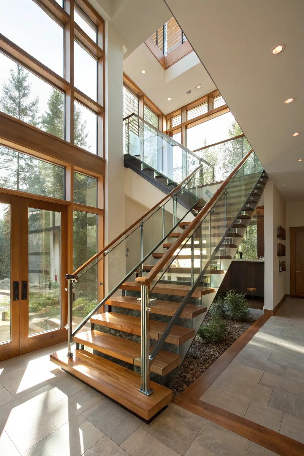 A modern staircase design using mixed materials for a striking effect.