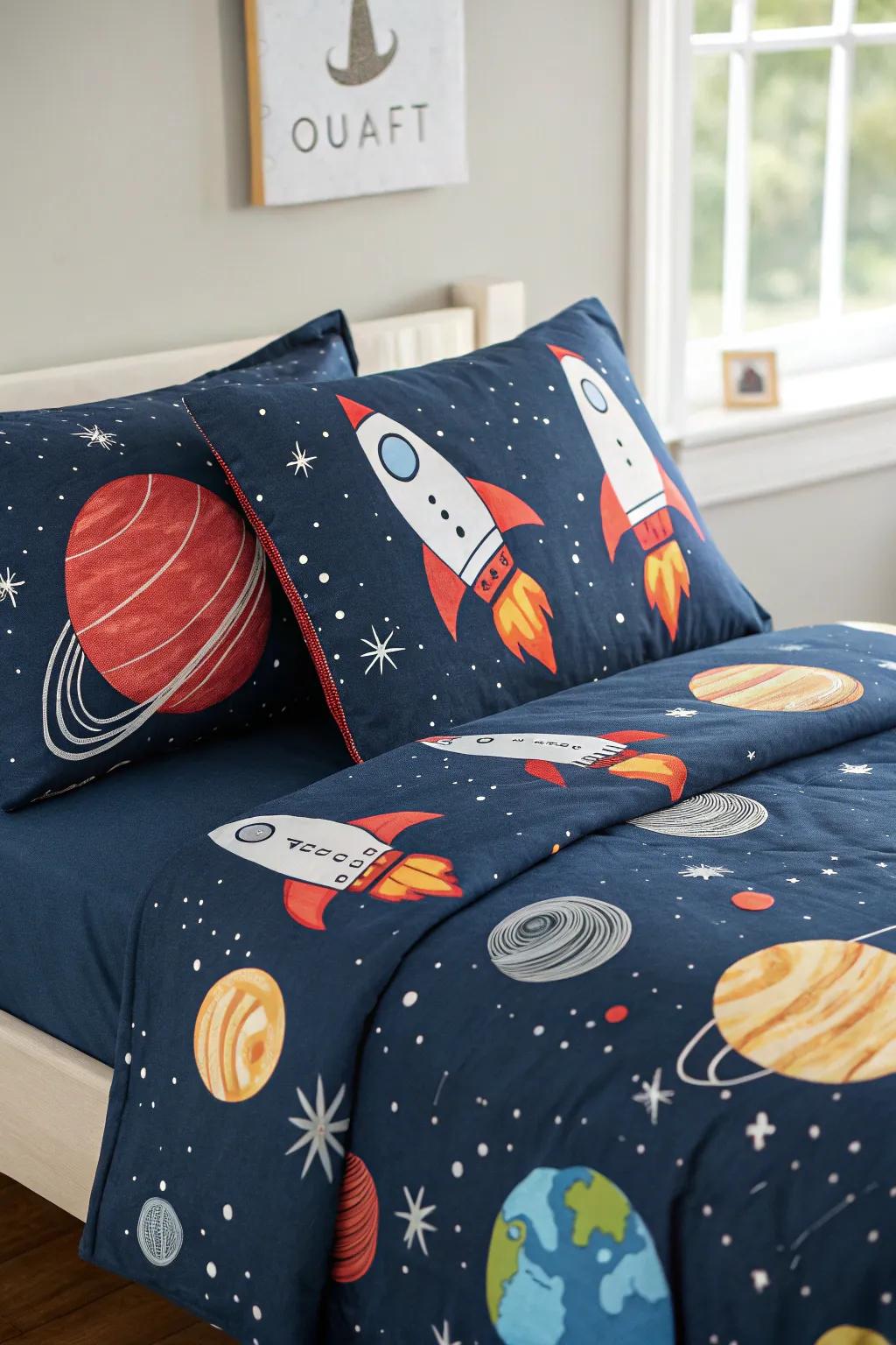 Space-themed bedding that adds a playful touch to the room.