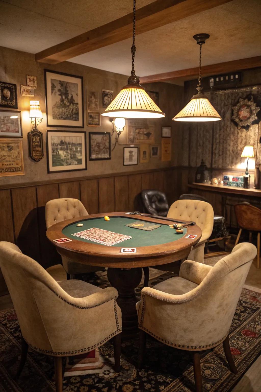 A poker table enlivens your speakeasy with fun and interaction.