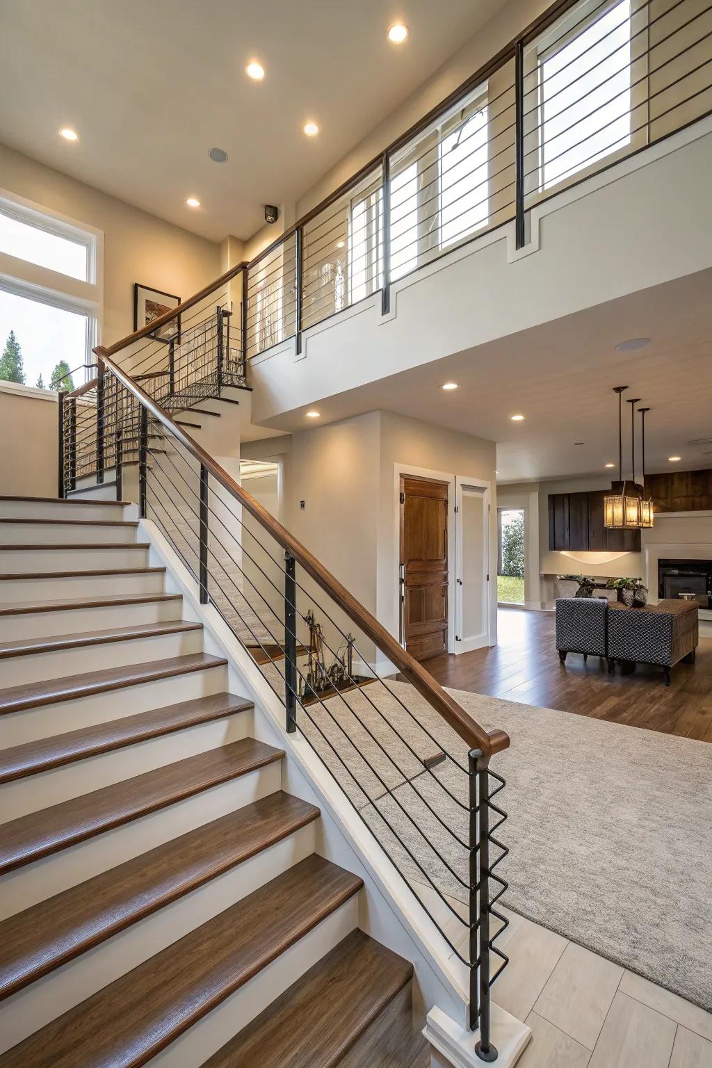Elegant cable railings offer transparency in a split-level home.