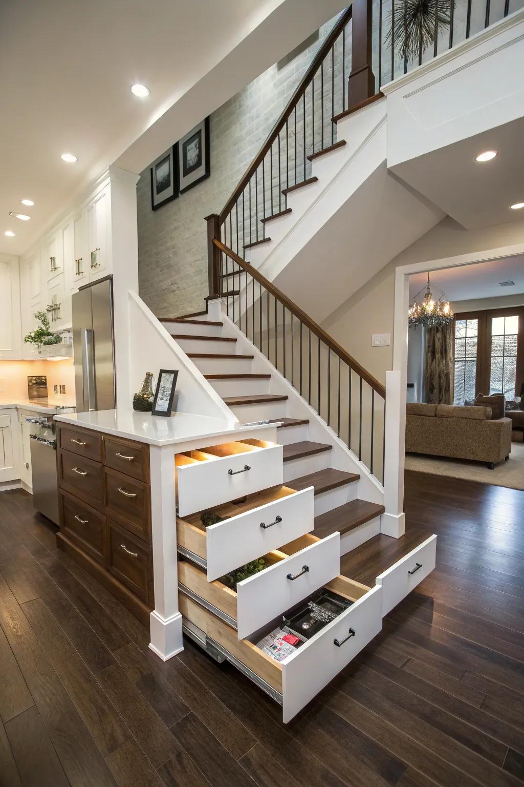 In-stair drawers offer a clever storage solution.