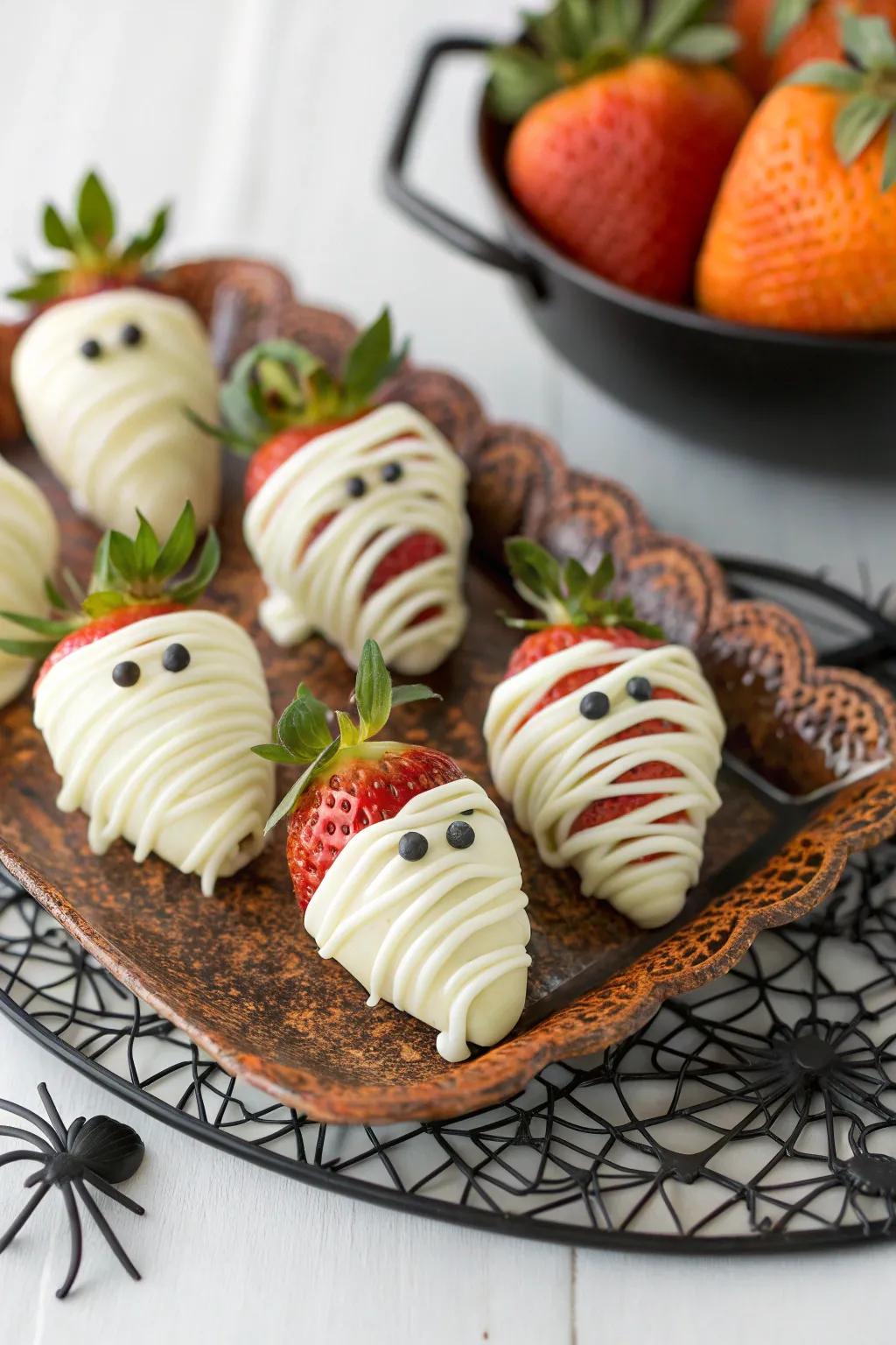 Mummified strawberries injecting a dash of sweetness into the spooky evening.