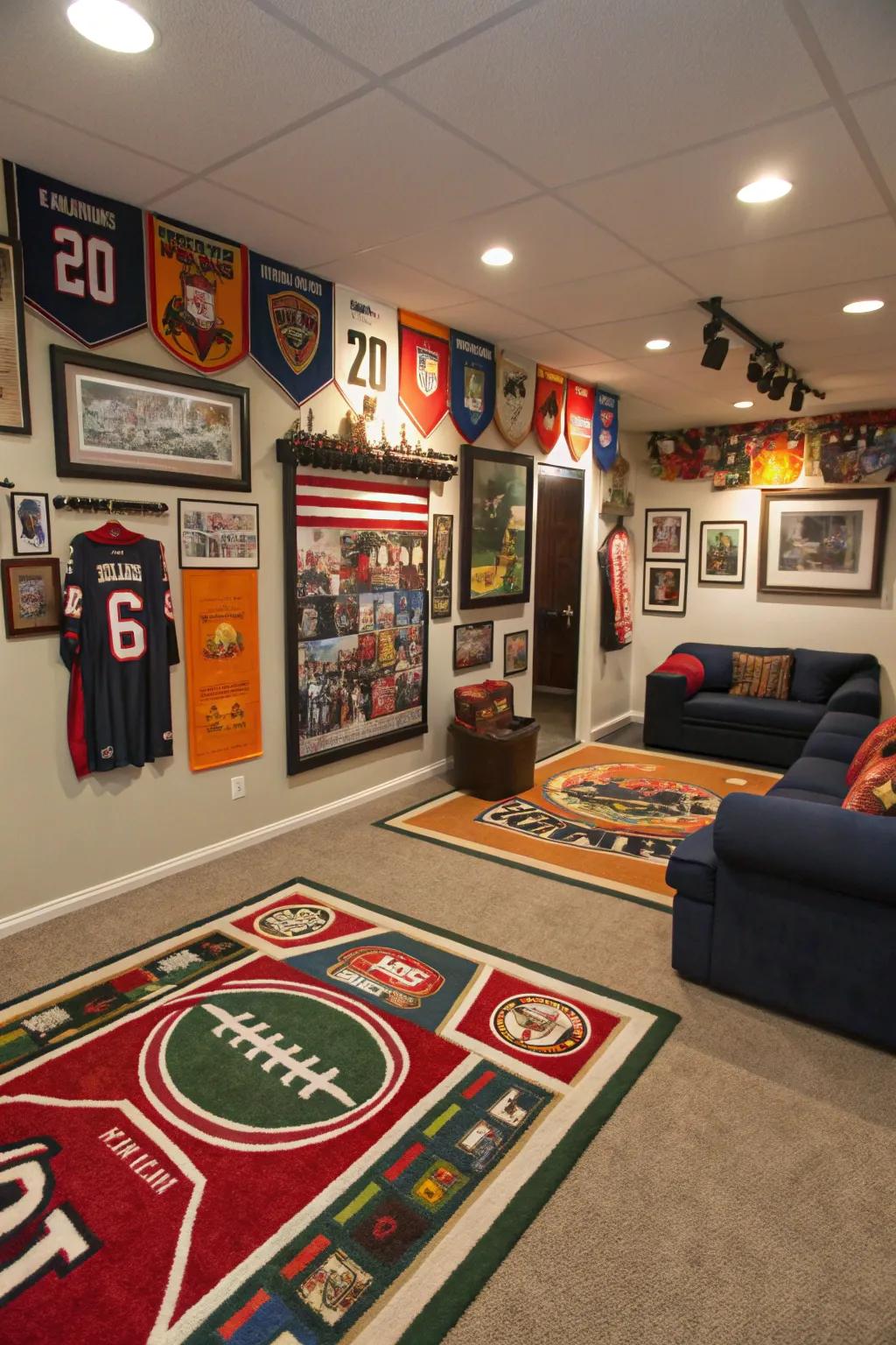 Themed decorations give this sports man cave its unique character.