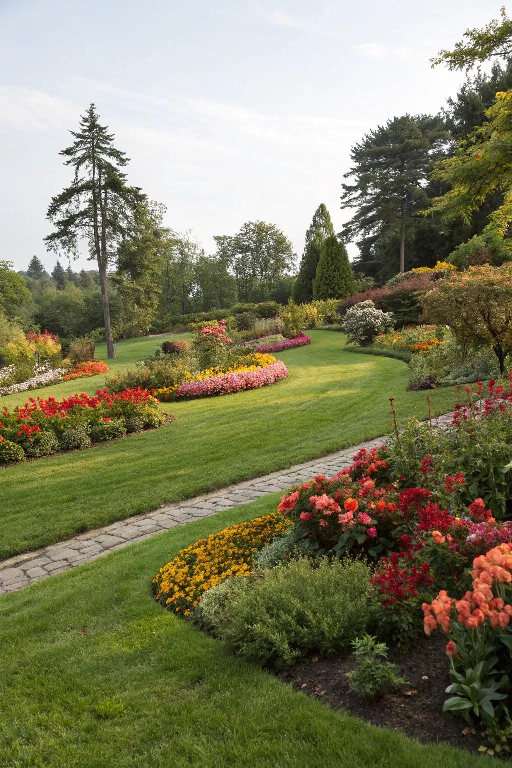 A naturalistic garden setting where grass and flower beds merge seamlessly.