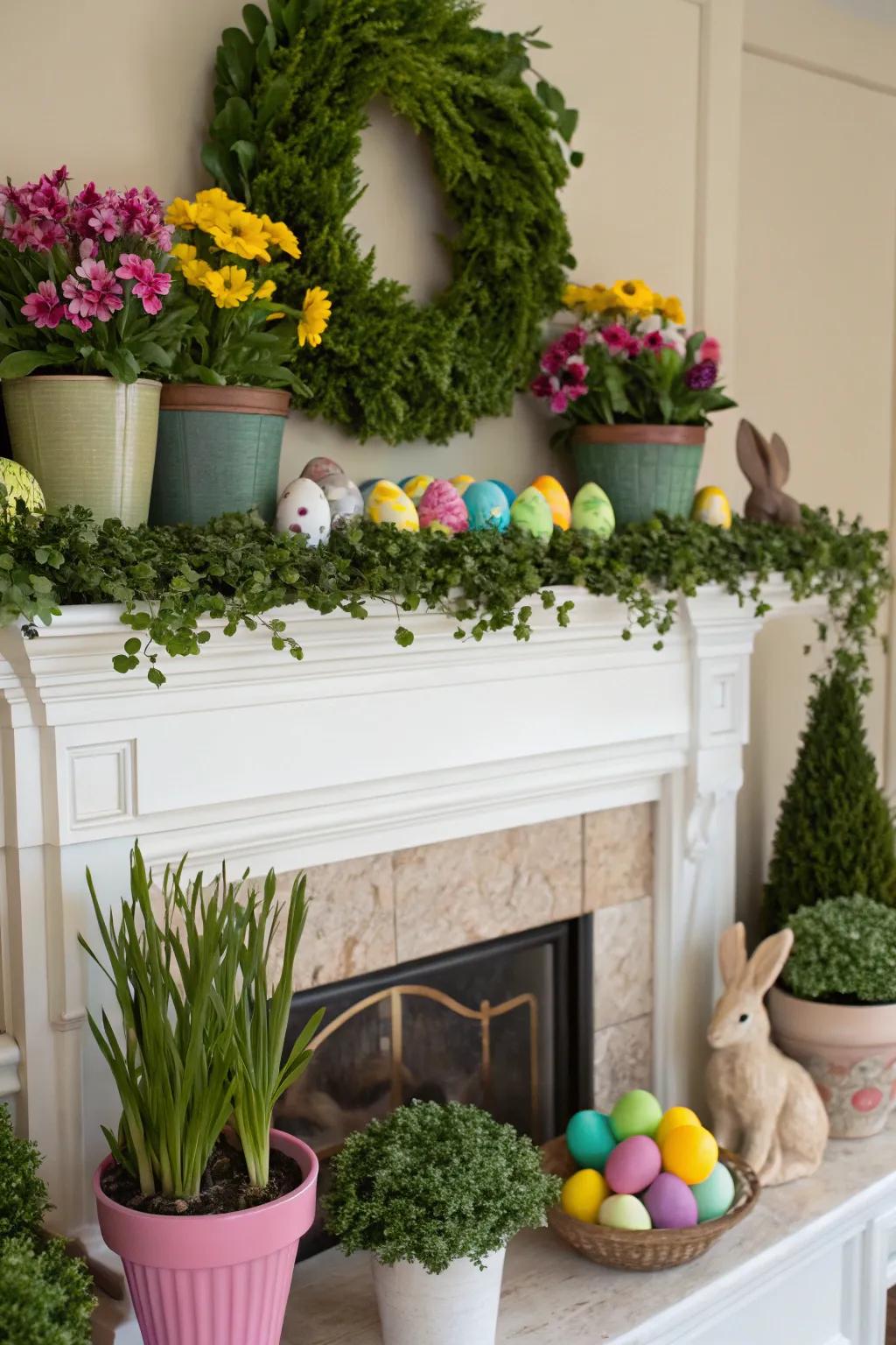 Green foliage provides a refreshing, natural element to the mantel.