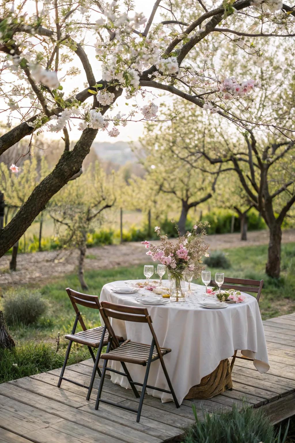 A table outside is arranged in the midst of spring flowers.