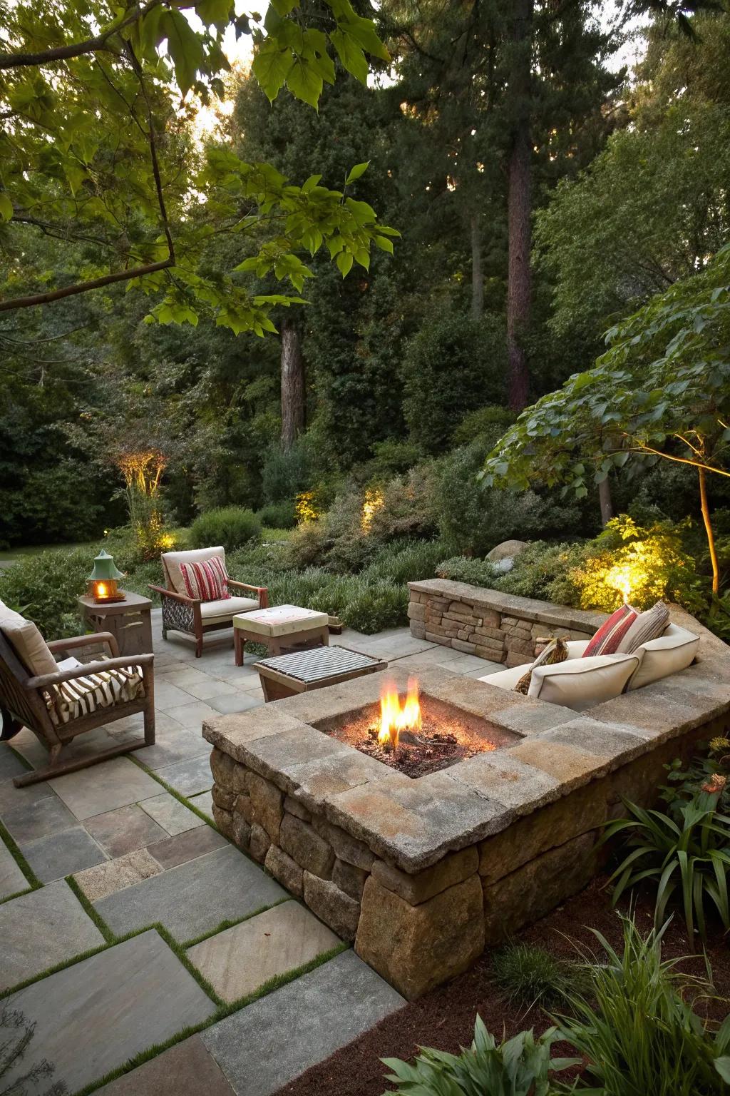 Organic rock fire pit combines elegance with nature.