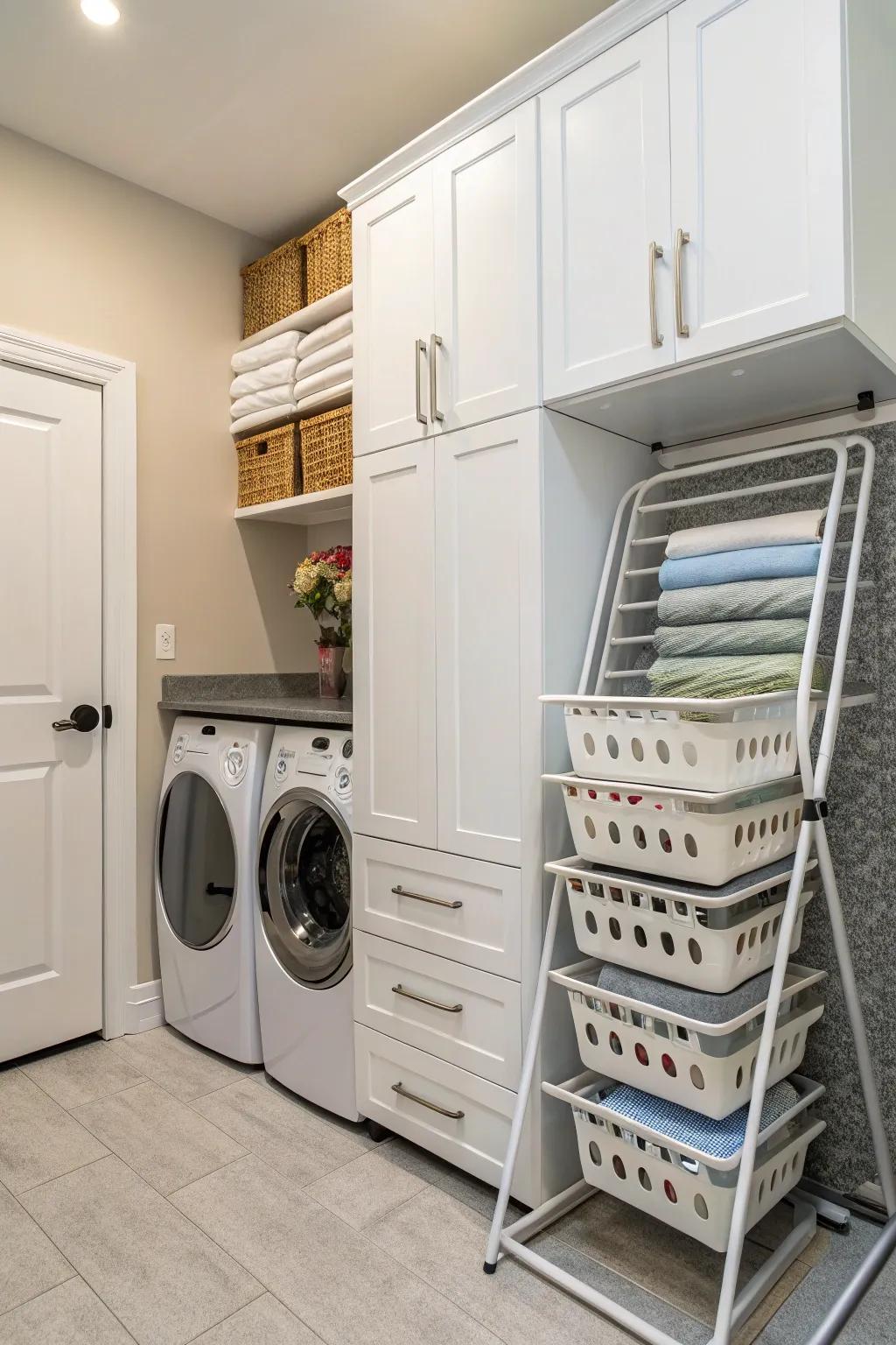 A pull-out drying rack offers a convenient drying solution.