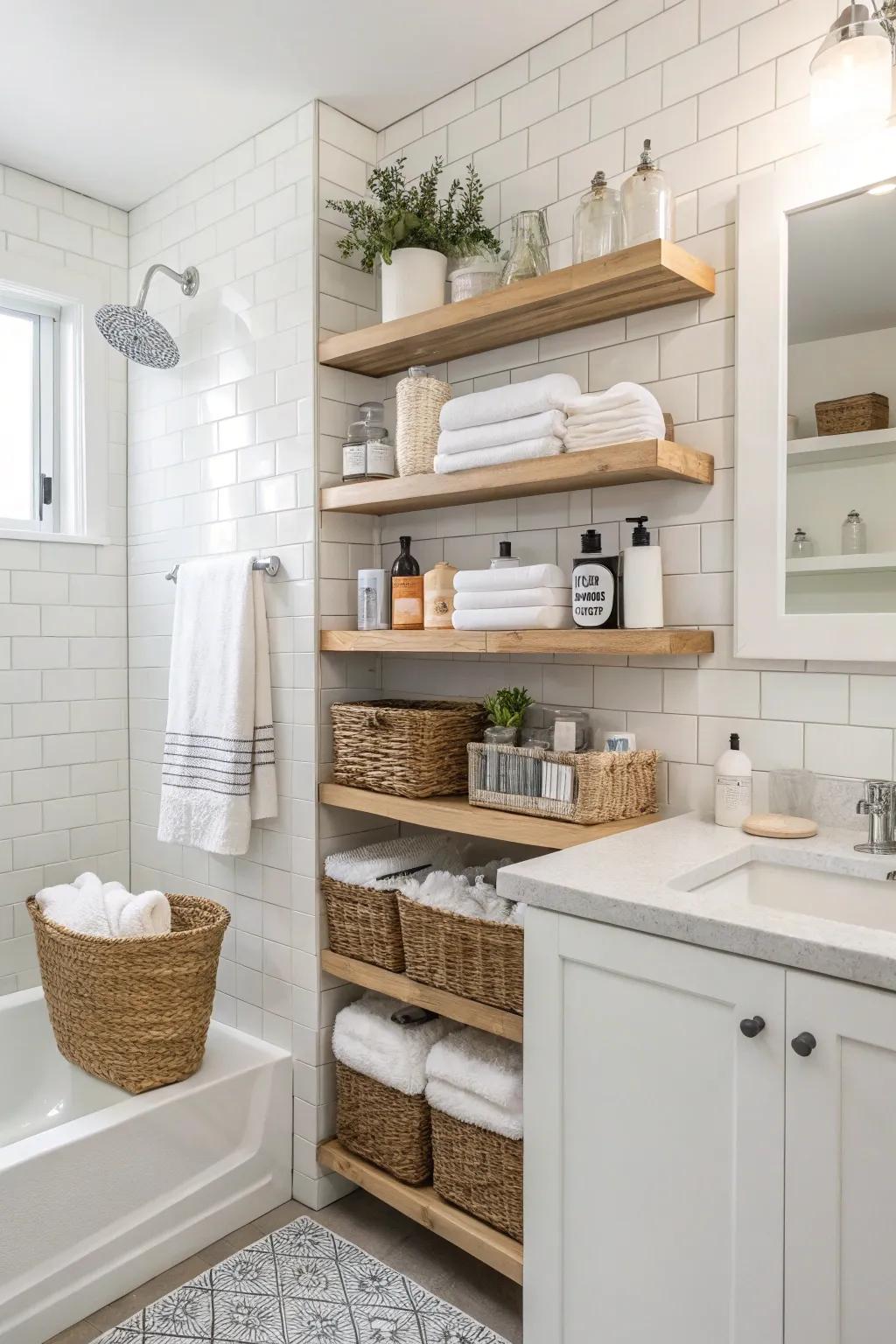 Wall-mounted racks offer smart storage, keeping the bathroom uncluttered.