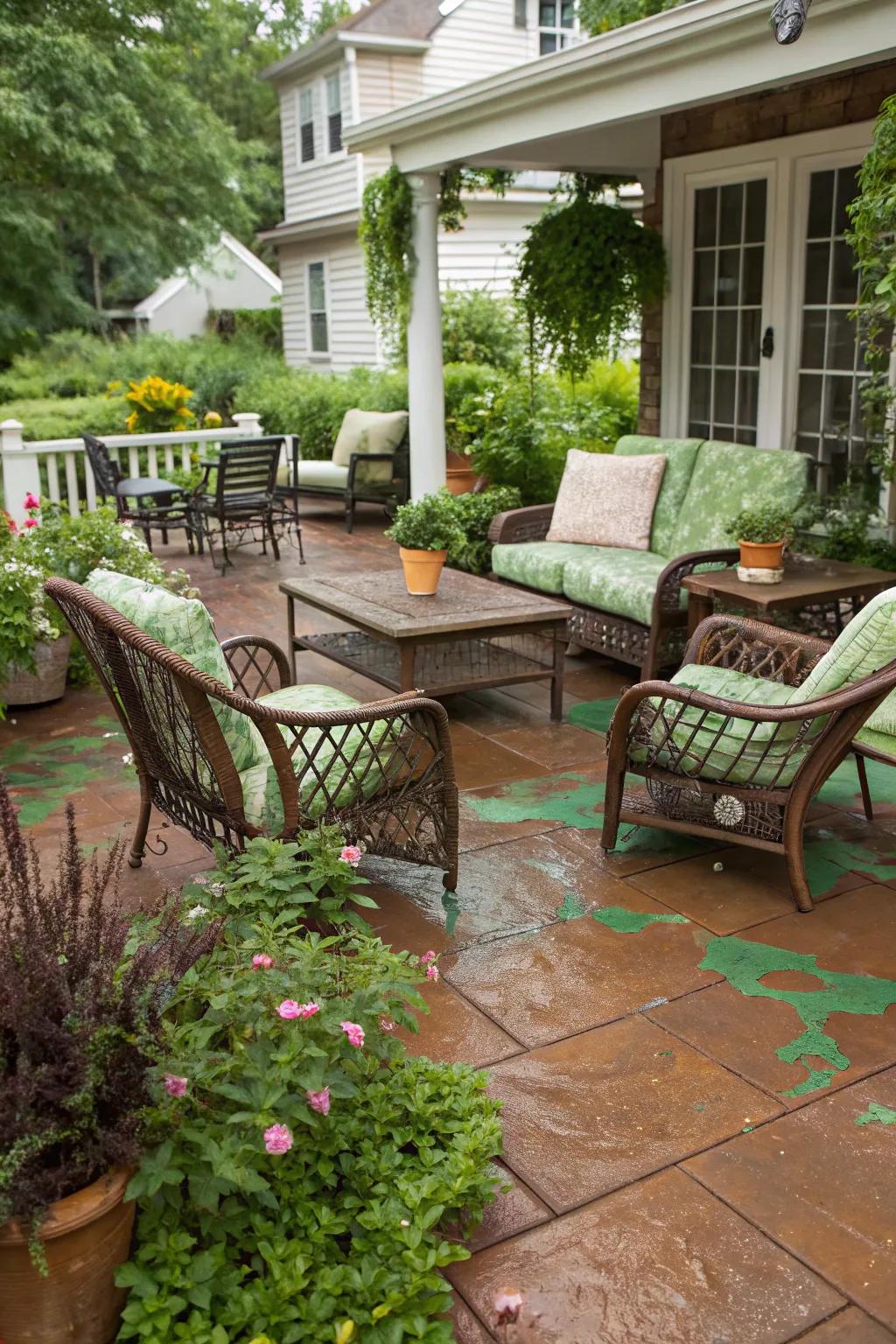 A creatively stained patio with a mix of earth-toned and green colors.