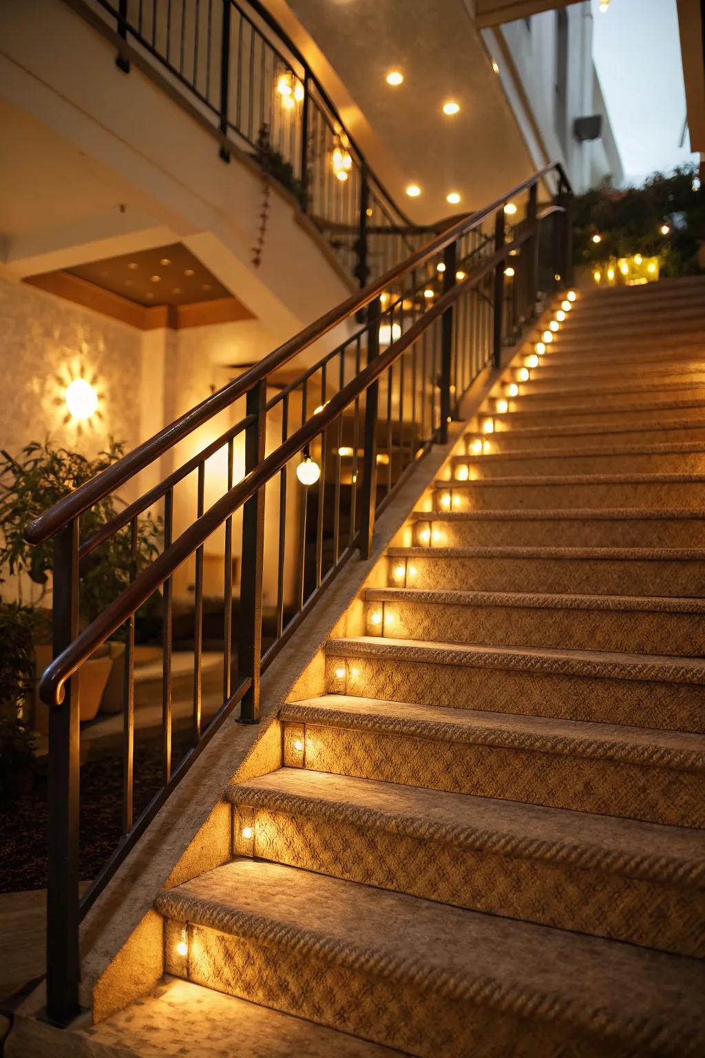 Ambient illumination enriches the staircase's ambiance.