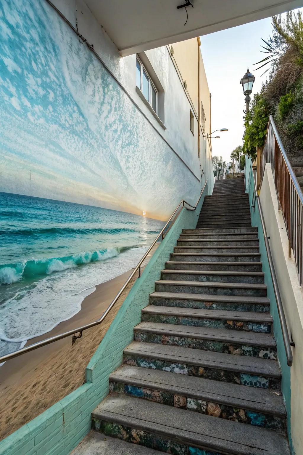 Feel coastal peace using an ocean-themed wall covering.