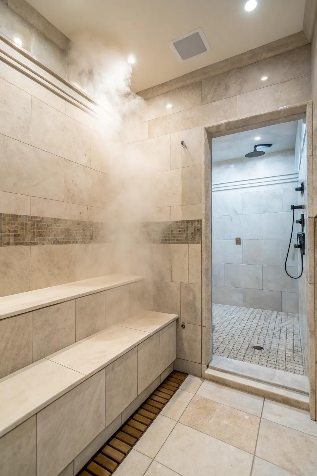 Neutral shades create a soothing and classic steam shower environment.