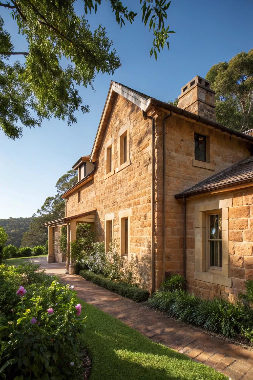 A welcoming house with a warm sandstone facade.