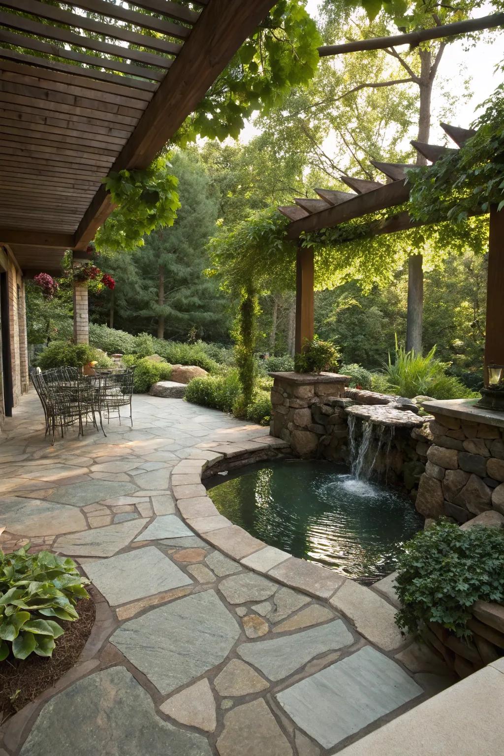 A stone patio enhanced by a soothing hydro element.