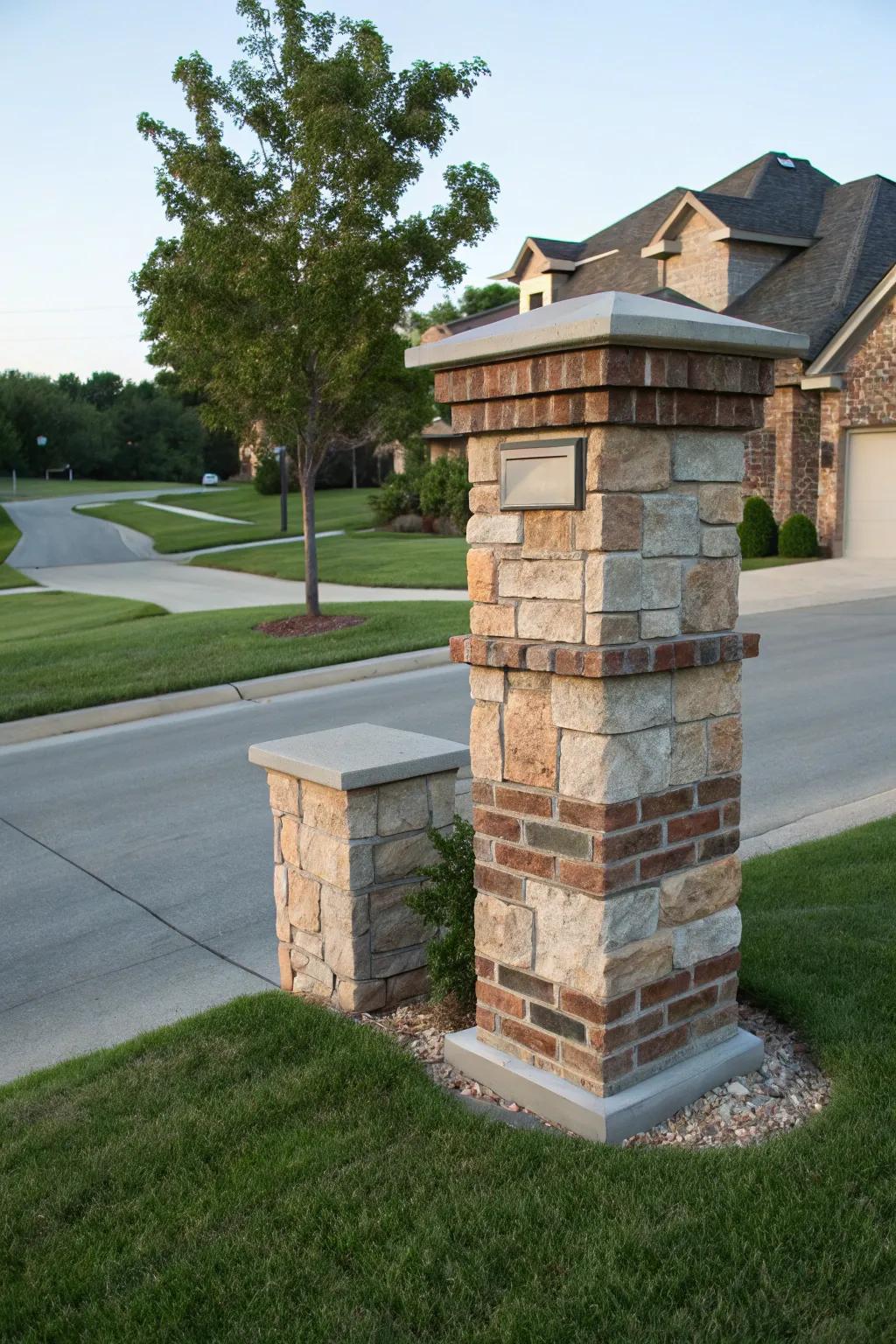 A classic brick mailbox pillar enhanced with rock-slice.