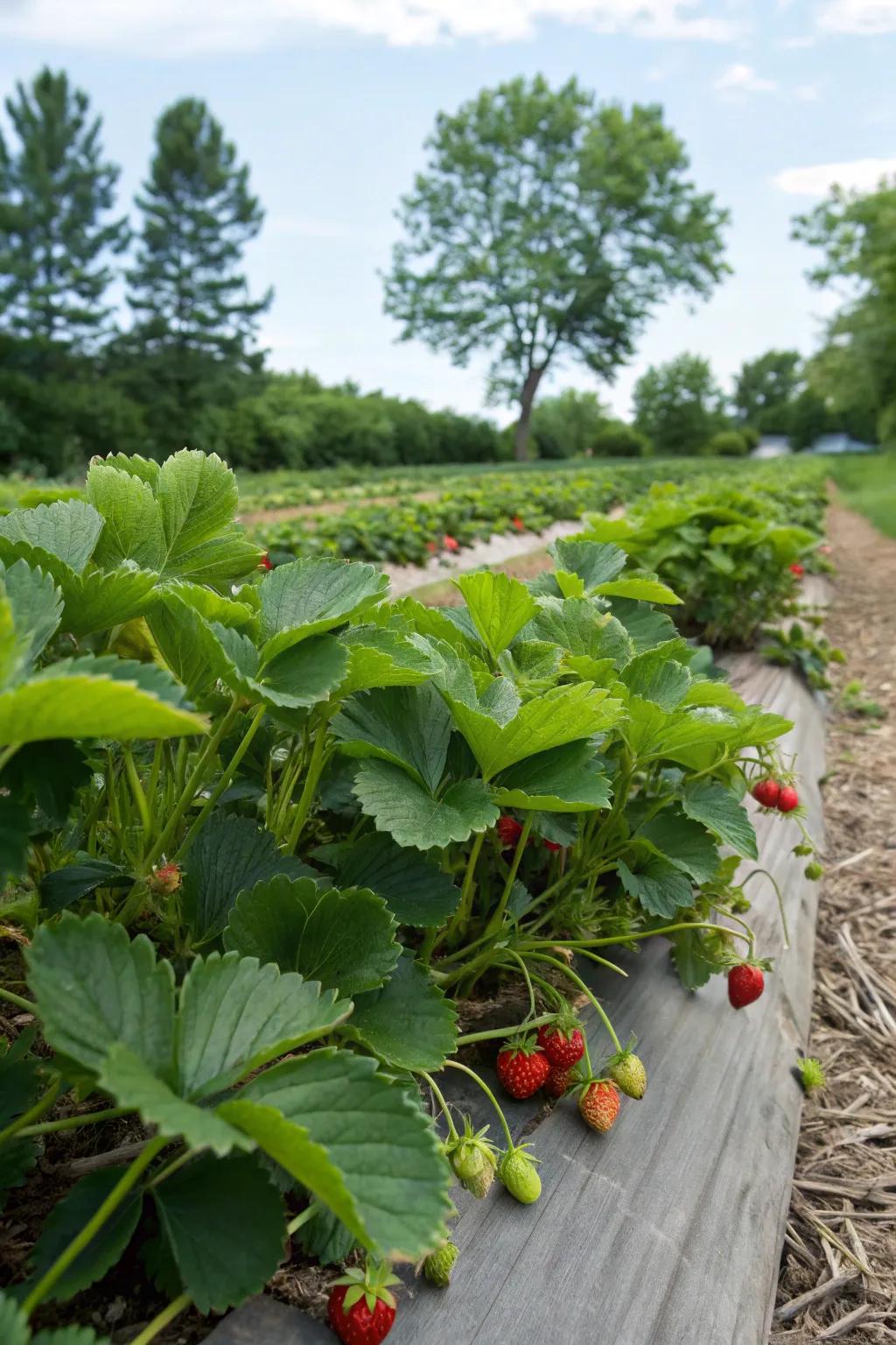 Strawberry seedlings forming a natural garden border.