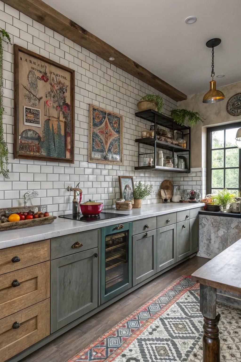 The kitchen is made more vibrant and fashionable by combining various textures in subway tiles.