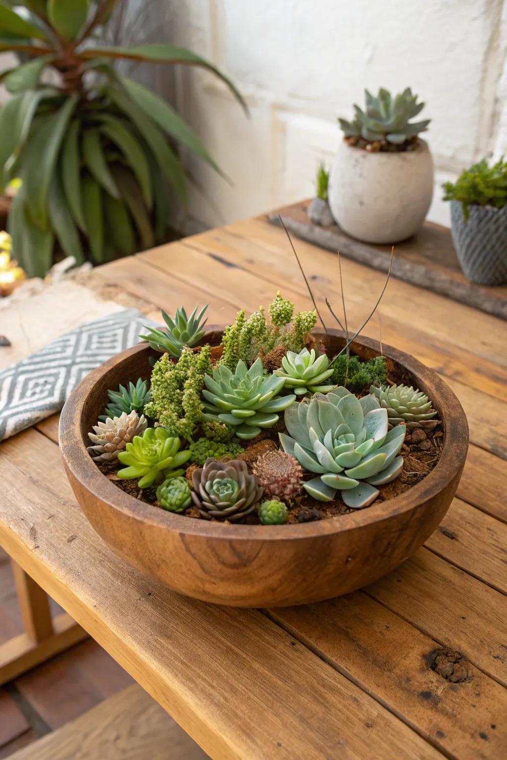 A rustic succulent landscape in an appealing wood container.