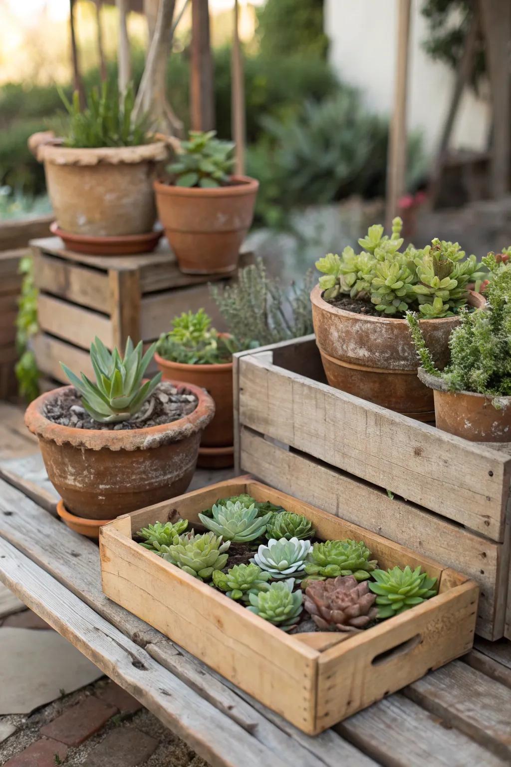 Weathered charm featuring earthenware containers and timber boxes filled with succulents.