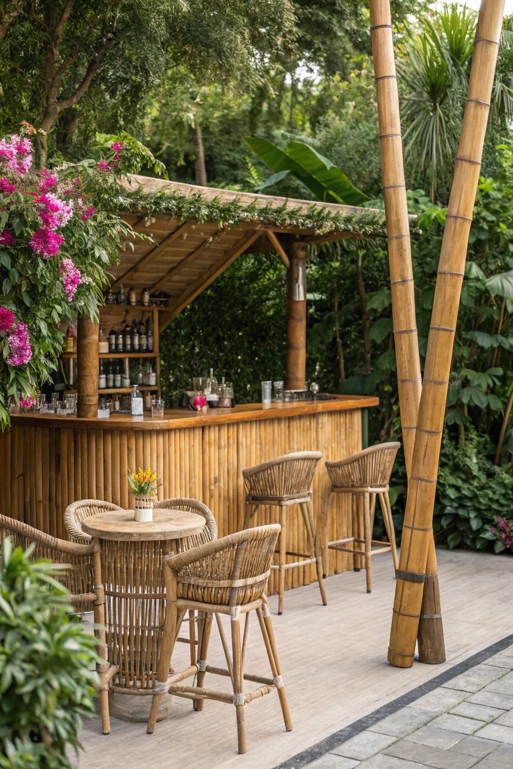 Natural materials produce a seamless mix between the bar and garden.
