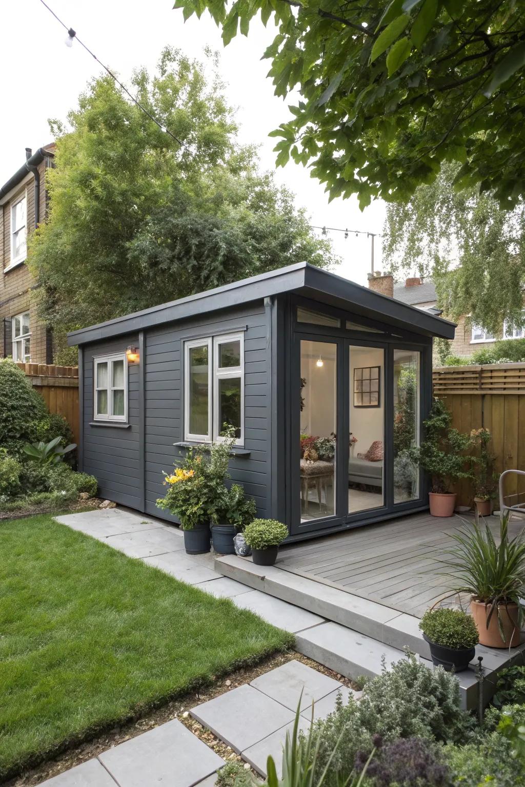 A smooth summer house in classy dark grey, great for city gardens.