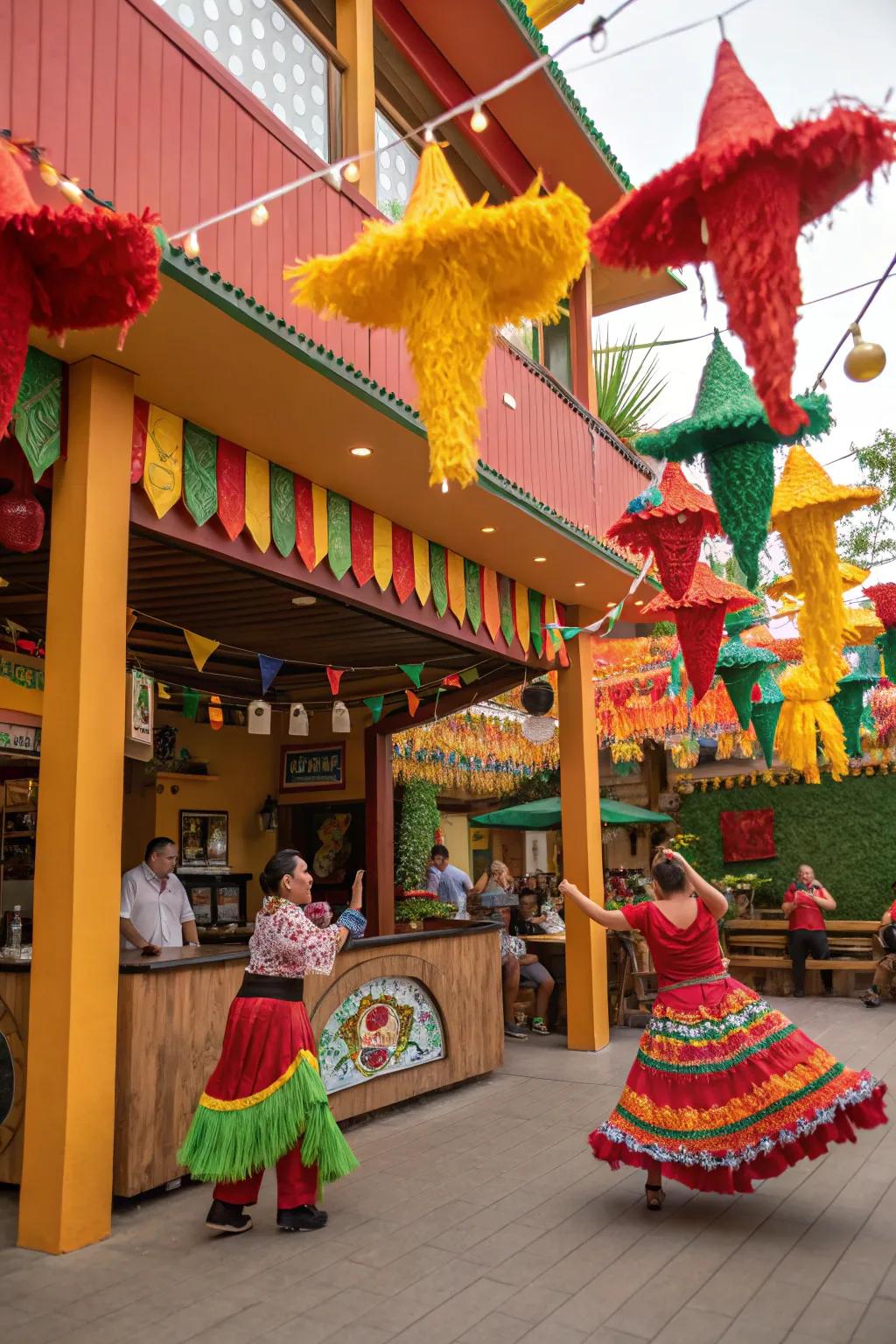 A vibrant and joyful Mexican carnival featuring colorful decorations.