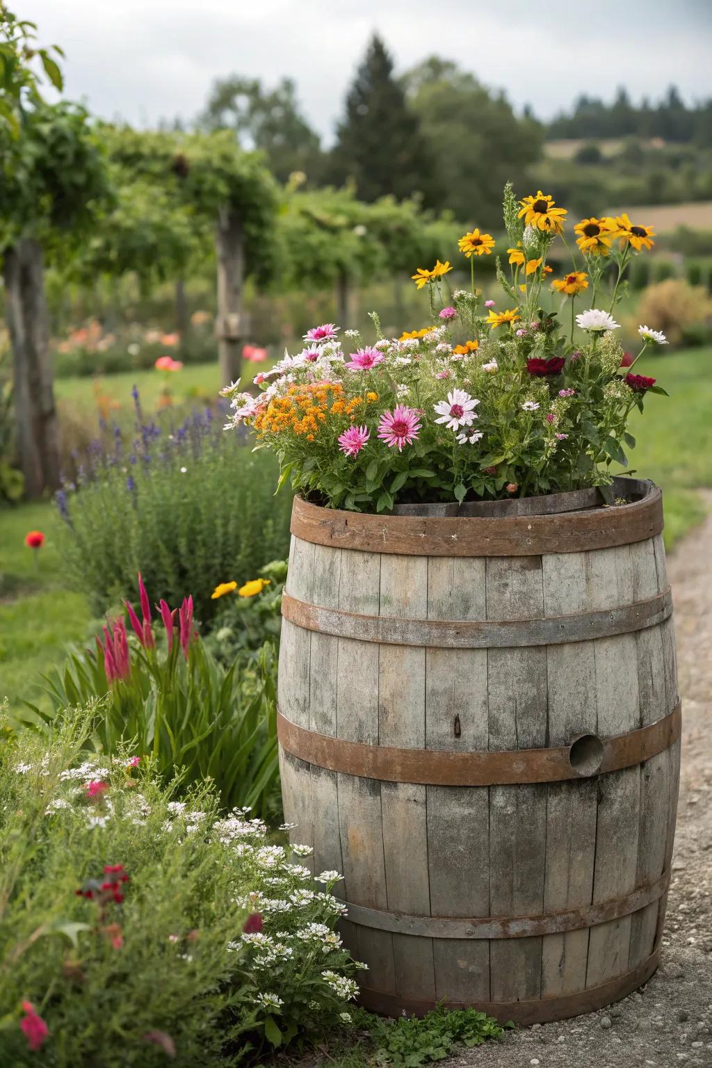 Rustic wood cask showcasing wildflowers