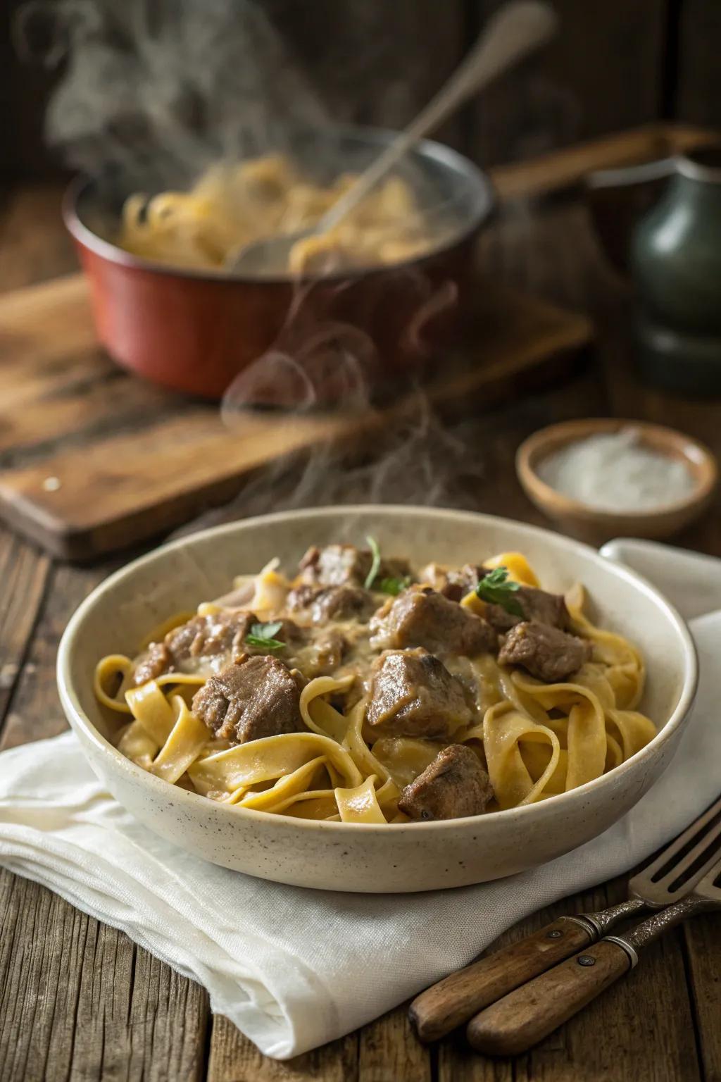 Classic beef stroganoff bake, a nod to traditional comfort food.
