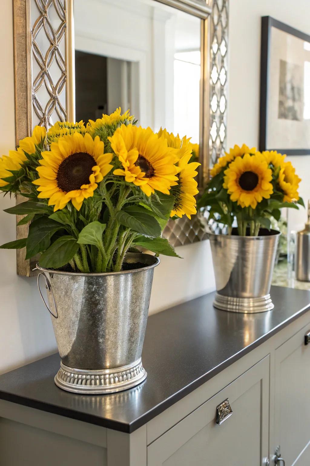 Mix natural and industrial elements with steel pot sunflower arrangements.