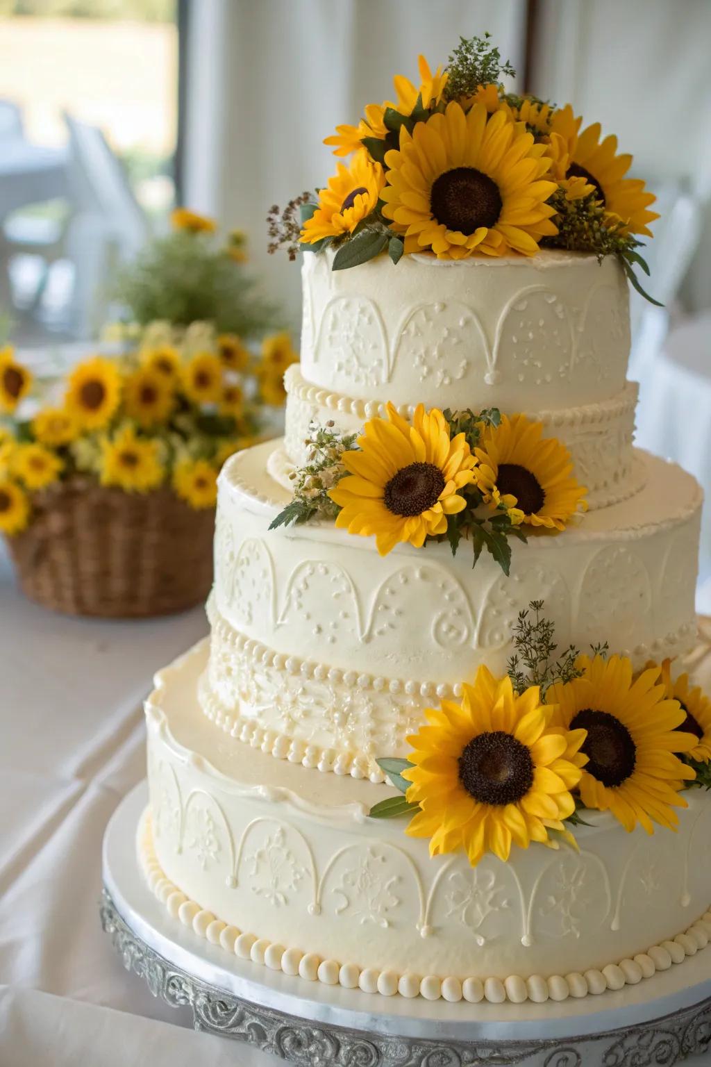 A wedding cake adorned with charming daisy decorations.