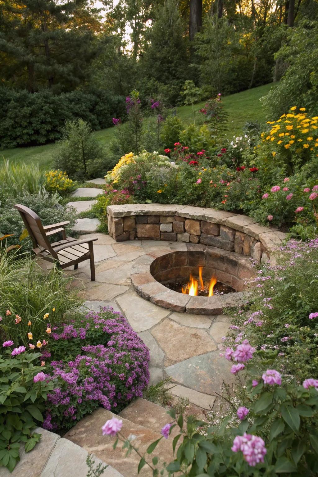 A garden sanctuary with a recessed fire pit at its heart.