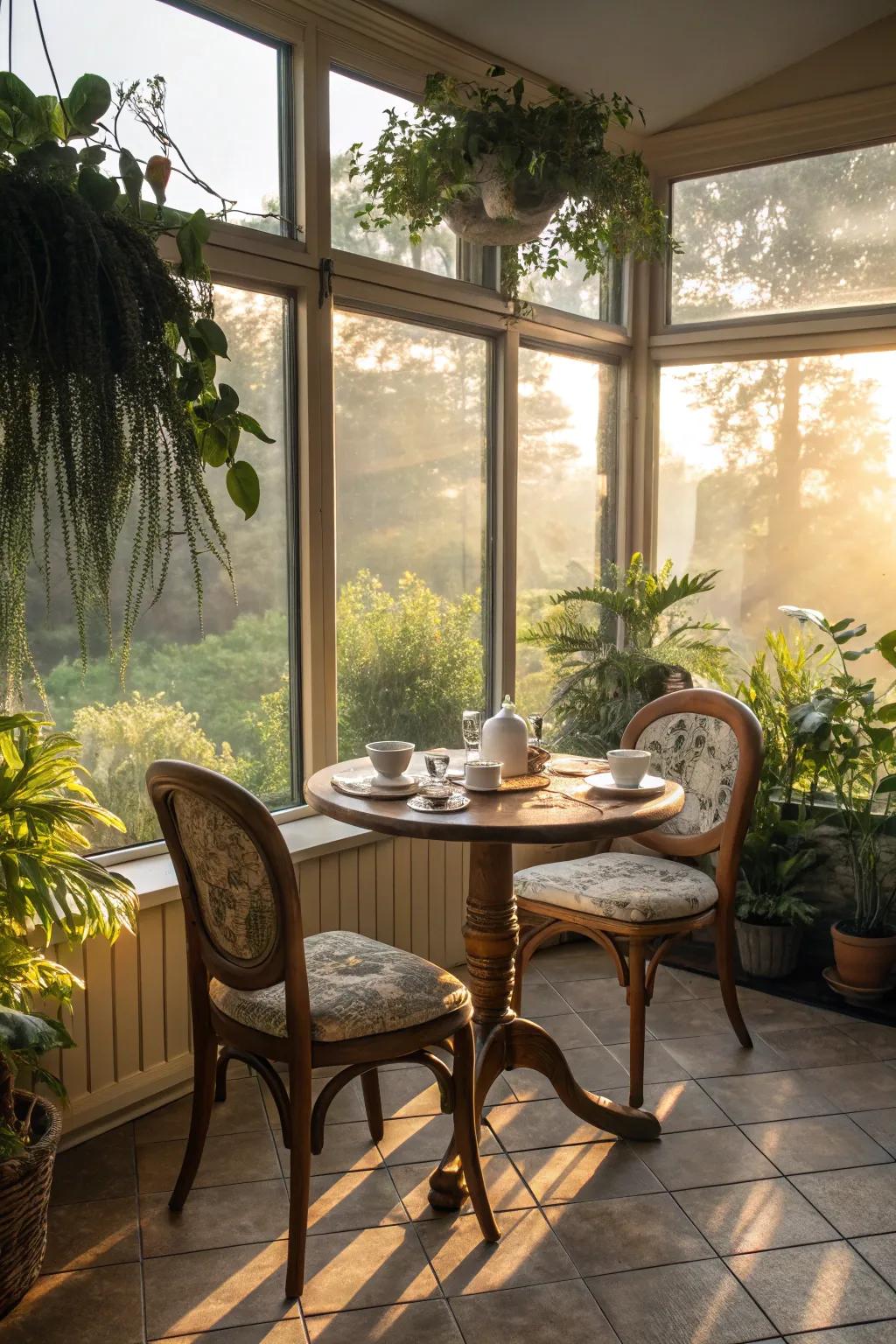 A breakfast spot transforms the sunroom into a delightful morning hideaway.