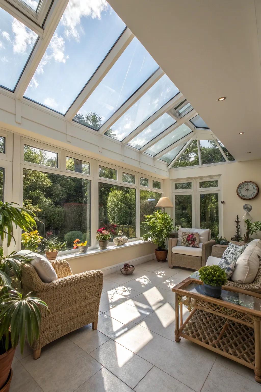 Skylights in a sunroom create an ethereal glow.