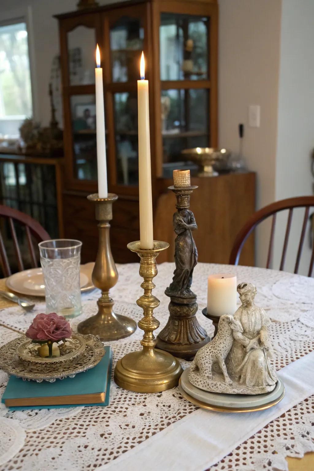 A diverse collection of vintage finds put together as a unique centerpiece.