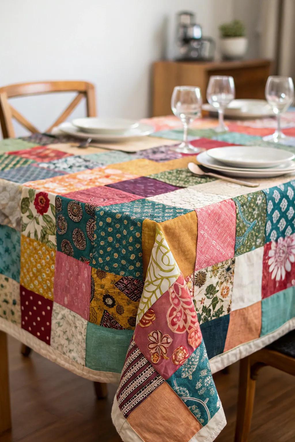 Patchwork table covers offer a personalized and creative touch.