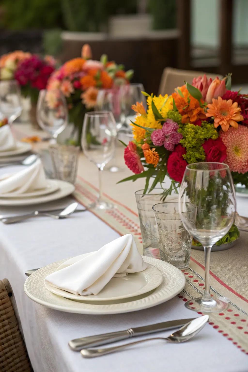 Floral harmony using napkins and centerpieces that complement each other.