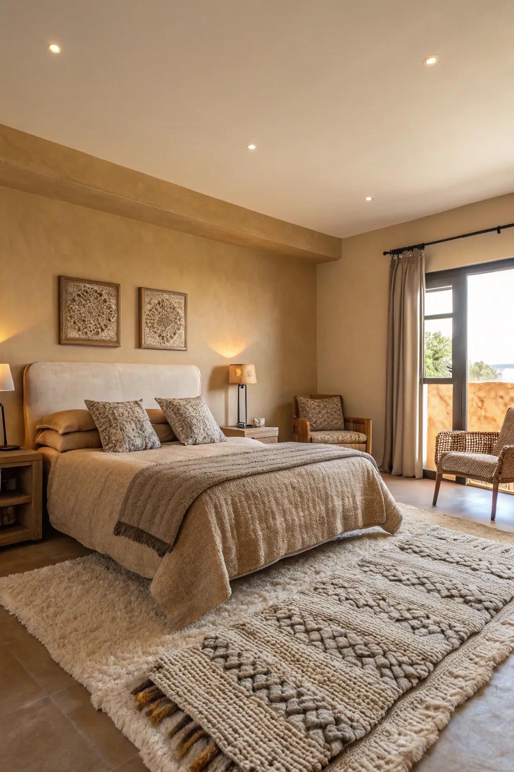 The tan design is made cozier by plush rugs and materials.