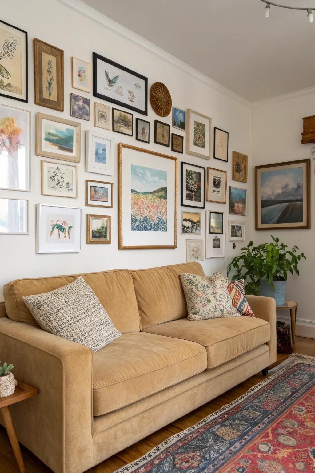 Wall art customizes the area and enhances the sand-toned sofa.
